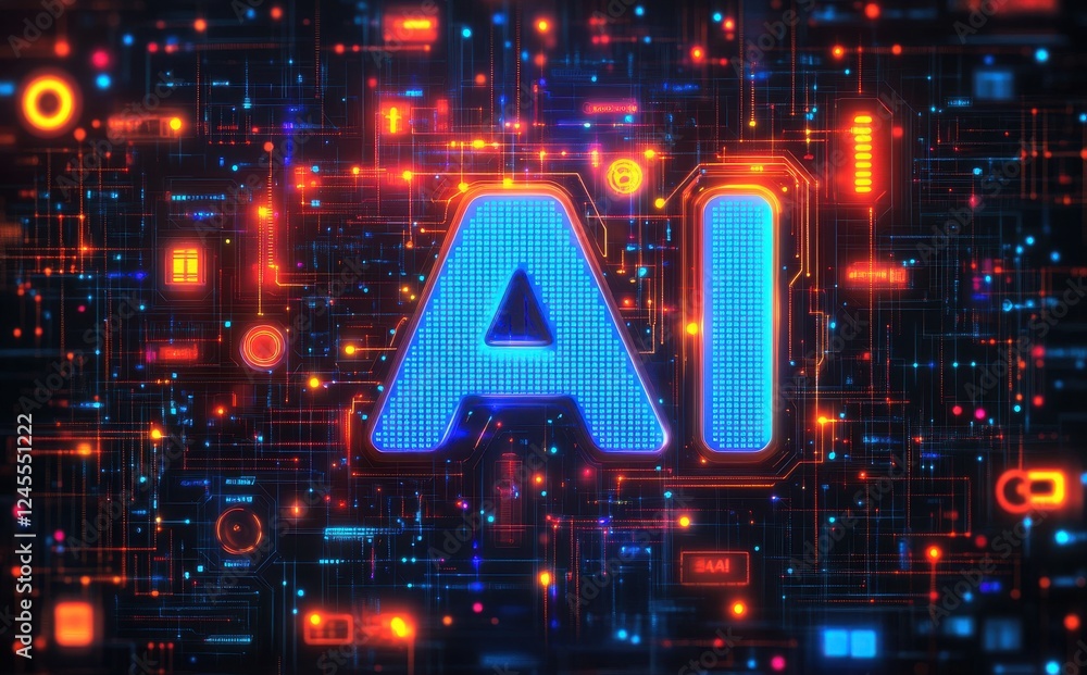 Poster vibrant digital abstract background with ai symbol illuminated by neon lights and data connections i