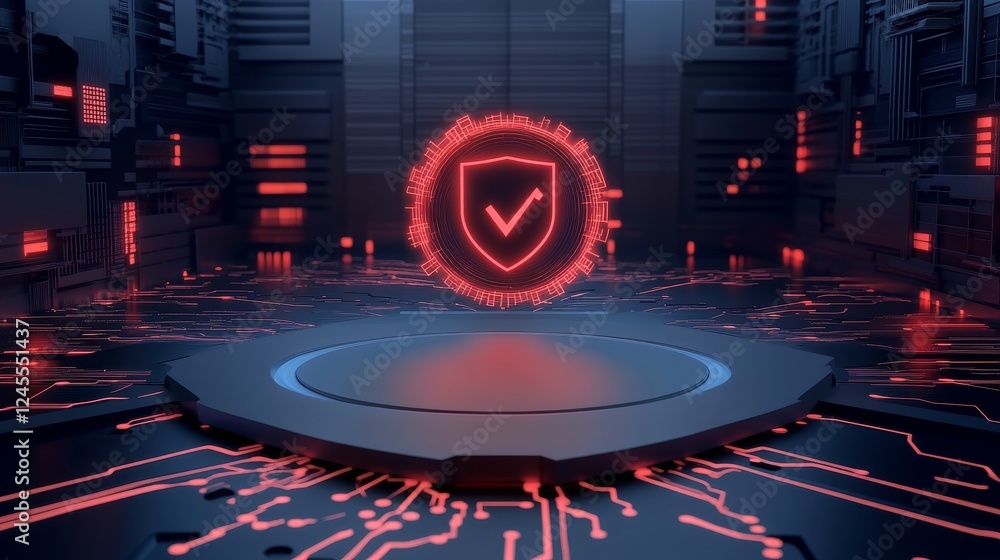 Poster a futuristic, digital representation of cybersecurity featuring a glowing shield symbol on a circuit