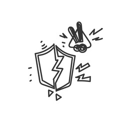 doodle cartoon damaged shield and warning sign illustration