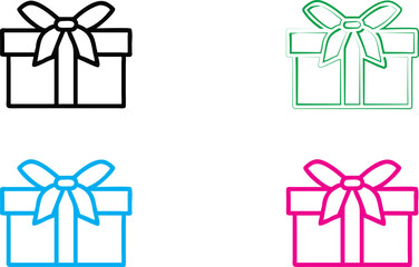 Gift boxes, simple line drawings, colorful outlines, minimalist design, bow ribbons, presents, square shapes, black pink blue green colors, icon set, graphic elements, clean style, festive symbols, ho