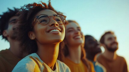 A group of people smiling and looking up at the sky, with a light blue background. Showcasing diverse young individuals standing together for community support.