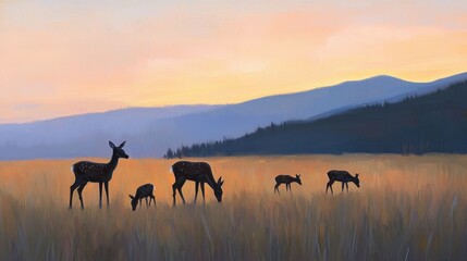 Silhouetted Deer Grazing in a Golden Meadow at Sunset