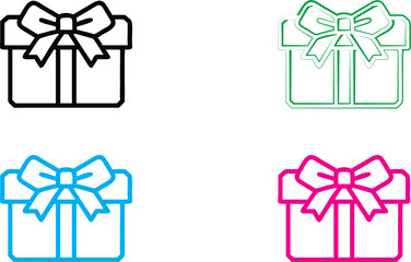 Gift boxes, simple line drawings, colorful outlines, minimalist design, bow ribbons, presents, square shapes, black pink blue green colors, icon set, graphic elements, clean style, festive symbols, ho