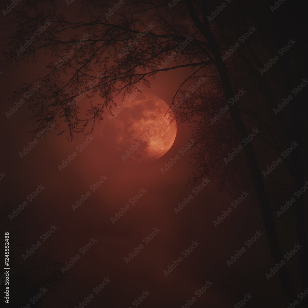 Wall mural full moon illuminated through tree branches with swirling mist background at night sky