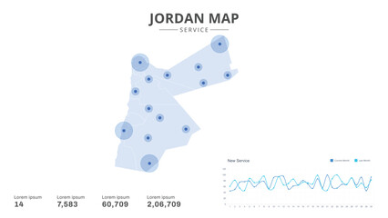 Service centers are highlighted within the of Jordan Infographic map. Business Infographic Map of Jordan. Vector Map of a Jordan map. Easy to edit © bakarali