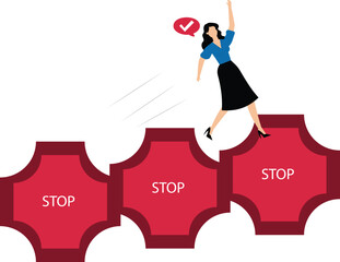 Businesswoman jumping from small to big stop sign. Overcoming obstacles, barriers, liberation from stereotypes. Freedom of choice