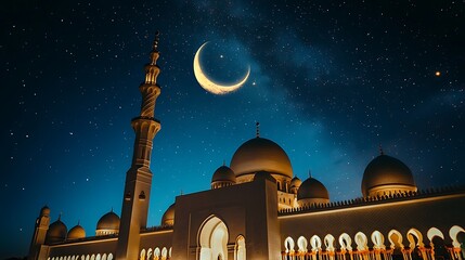Night view of a mosque under a crescent moon and starry sky.