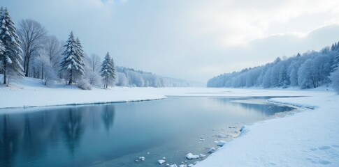 Frozen lake with snow-covered trees in the distance, ice, lake