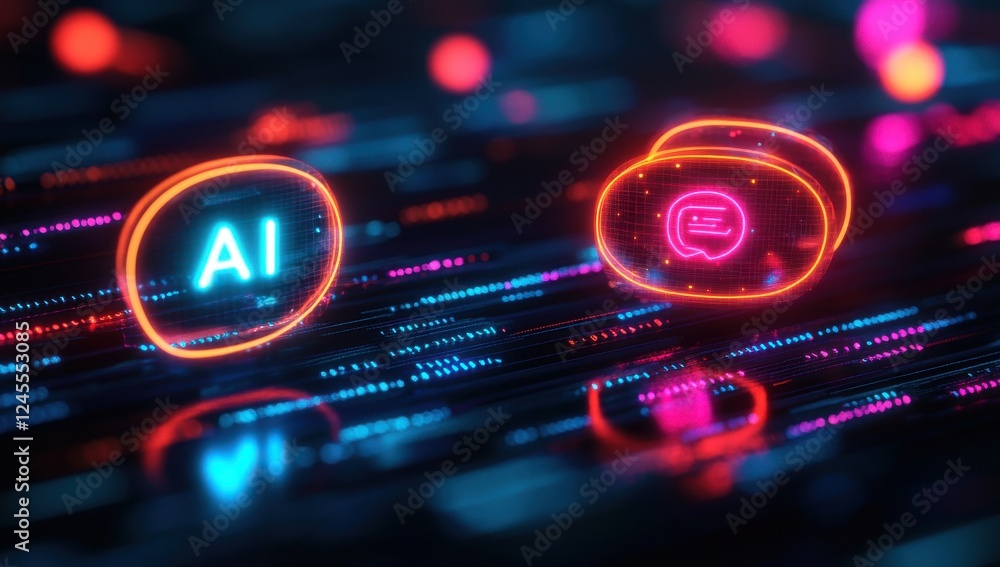 Poster vibrant neon icons representing ai and chat communication on a data-driven background with glowing d