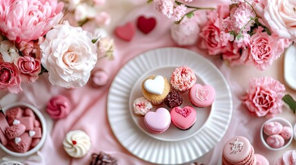 Flowers and sweets table setting pink for Valentine's Day