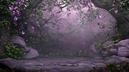 Enchanting purple forest path, misty background, magical scene, ideal for fantasy or fairytale design