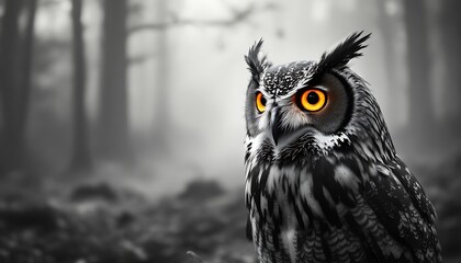 Majestic Owl in Foggy Forest Black and White Photo