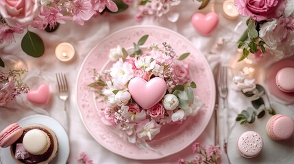 Flowers and sweets table setting pink for Valentine's Day