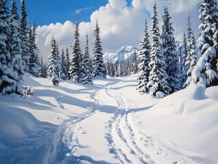 Winter wonderland snow covered pine trees and track on a clear sky mountain landscape