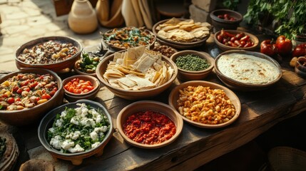 Fototapeta premium Rustic wooden table laden with various bowls of assorted ancient-style food.