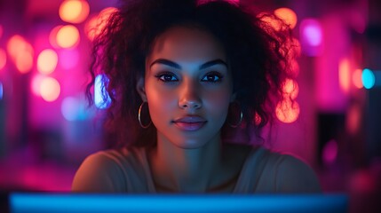 Woman looking at computer screen in vibrant neon light.