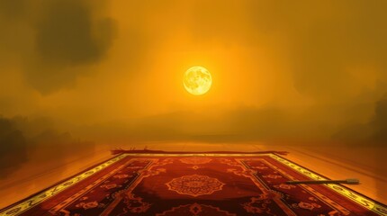 A mosque bathed in the soft orange light of dusk, its silhouette outlined against a vibrant blue and red sunset sky