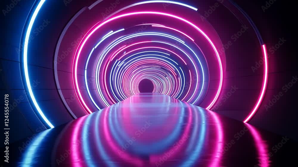 Poster vibrant neon tunnel transformation with dynamic light patterns and reflections