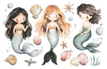 Three whimsical mermaids surrounded by seashells and ocean elements in a playful design