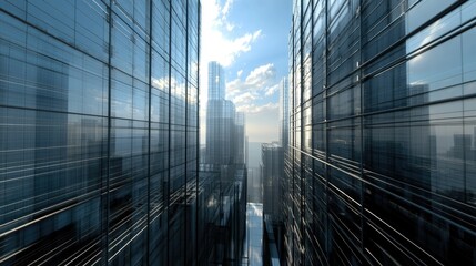 A vertical perspective view of a modern glass skyscraper, showcasing its sleek, reflective facade.