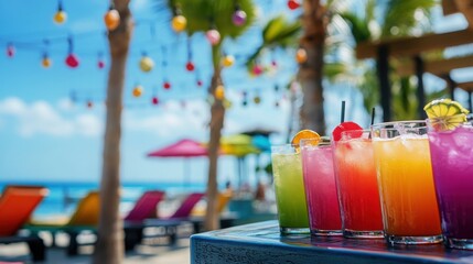 Vibrant beachside resort with tropical cocktails and ocean view for spring break