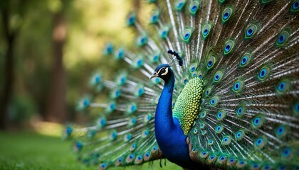 Beautiful peacock displaying its iridescent tail feathers in a natural setting.
