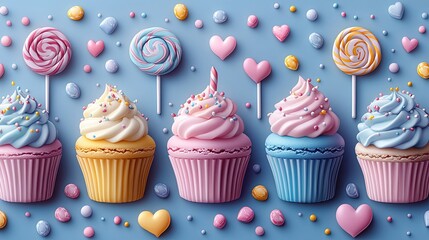 Colorful array of cupcakes and candies on a pastel blue background, perfect for celebrations