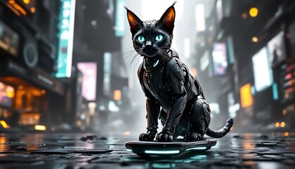 Cyberpunk Cat on Hoverboard Futuristic City Art