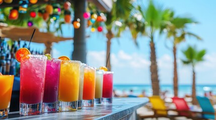 Vibrant beachside resort with tropical cocktails and ocean view for spring break
