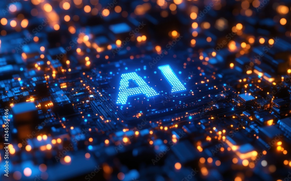 Poster visual representation of artificial intelligence concept with layered circuit board and blue ai lett