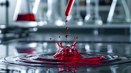 laboratory experiment with red liquid splashing from pipette