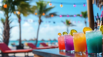 Vibrant beachside resort with tropical cocktails and ocean view for spring break
