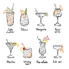 Classical cocktails crayon minimalist drawings. Modern simple drinks collection