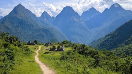 Serene Mountain Landscape with Ancient Ruins in Lush Green Valley