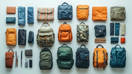 Flatlay of various backpacks and bags.