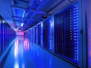 Data Center Servers Illuminated in Blue Light Representing Digital Infrastructure