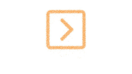 Icon chevron square right is made of yellow grains of sand. Some grains of sand fall down. Transparent background. Black