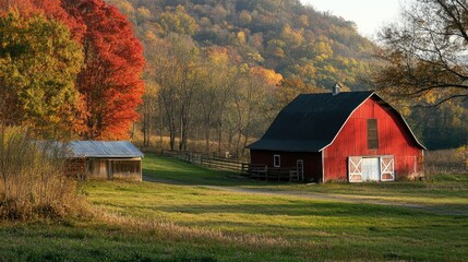 A picturesque rural scene featuring a vibrant red barn with a gray metal roof,
