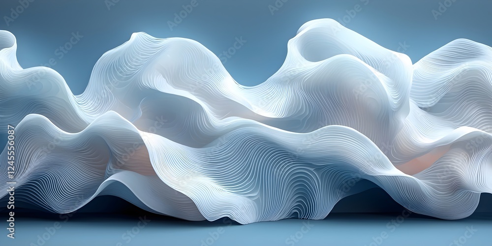 Poster an abstract composition featuring flowing white waves with intricate line patterns, set against a so