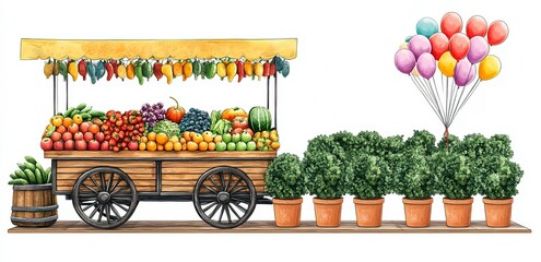 Colorful fruit and vegetable cart with balloons in a lively market setting