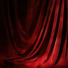 Dark red velvet curtain draped against a black background with dramatic lighting effects