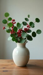 A vase filled with fresh eucalyptus leaves and red berries on a wooden table, elegant, vase