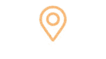 Icon map marker is made of yellow grains of sand. Some grains of sand fall down. Transparent background. Black