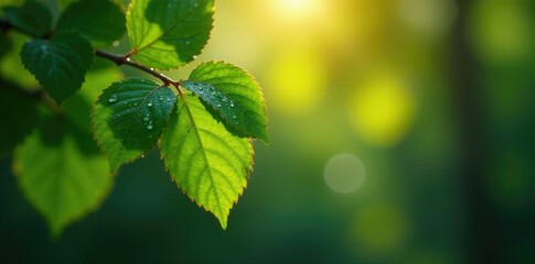 A tree's leaves glisten with raindrops in the morning light, light, droplets, shine