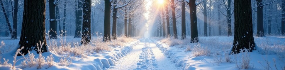 A tranquil forest path covered in frost and fresh snow, icy, snow