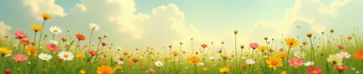 Obraz premium A tranquil and peaceful meadow with wildflowers, natural scenery, pastel colors, calmness
