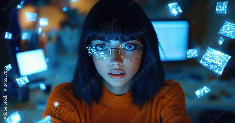 Poster young woman with glasses immersed in digital world, gazing at floating data and binary code, showcas