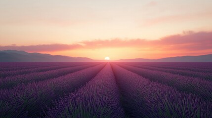 Fototapeta premium Serene Lavender Fields Under Vibrant Sunset Sky Landscape