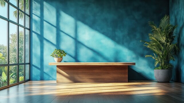 Minimalist Blue Wall Home Office Design with Wooden Desk and Ergonomic Chair