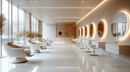Luxury Modern Hair Salon Interior Bright and Elegant Design with Sleek White Furniture and Large Mirrors